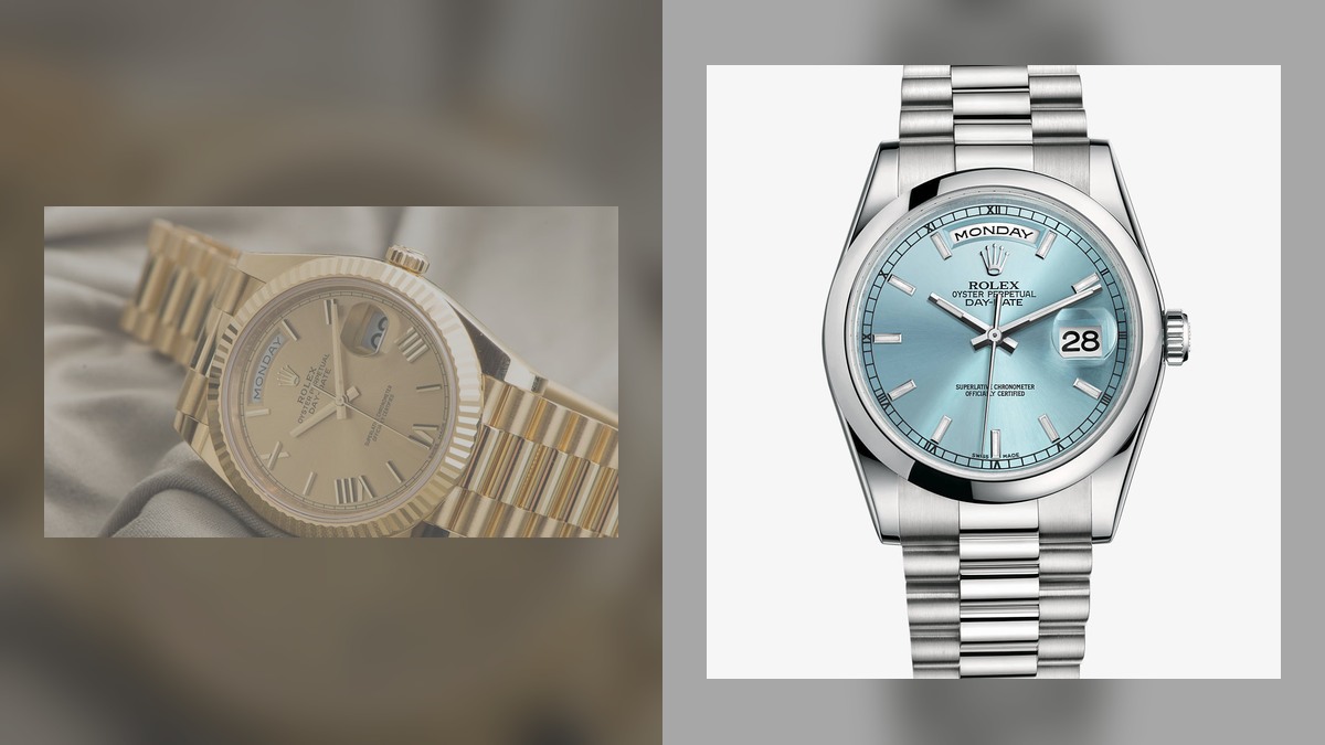 Side-by-side Day-Date style watches illustrating 36 mm and 40 mm proportion differences