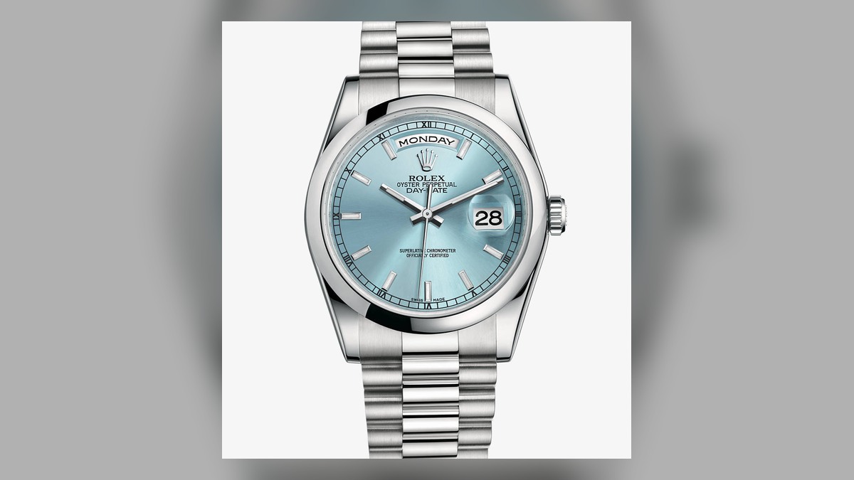 Ice-blue Day-Date 40 style watch illustrating larger case and dial proportions